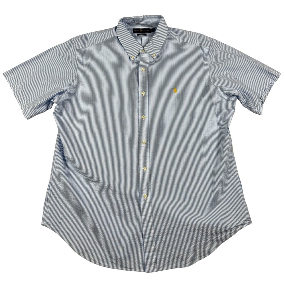 Ralph Lauren Mens XL Classic Fit Short Sleeve Seersucker Stripe Shirt Blue White